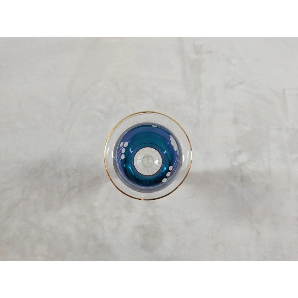 Egyptian Museum Fine Glass Hand Blown Blue Purple Gold Trim Candle Holder 10.25